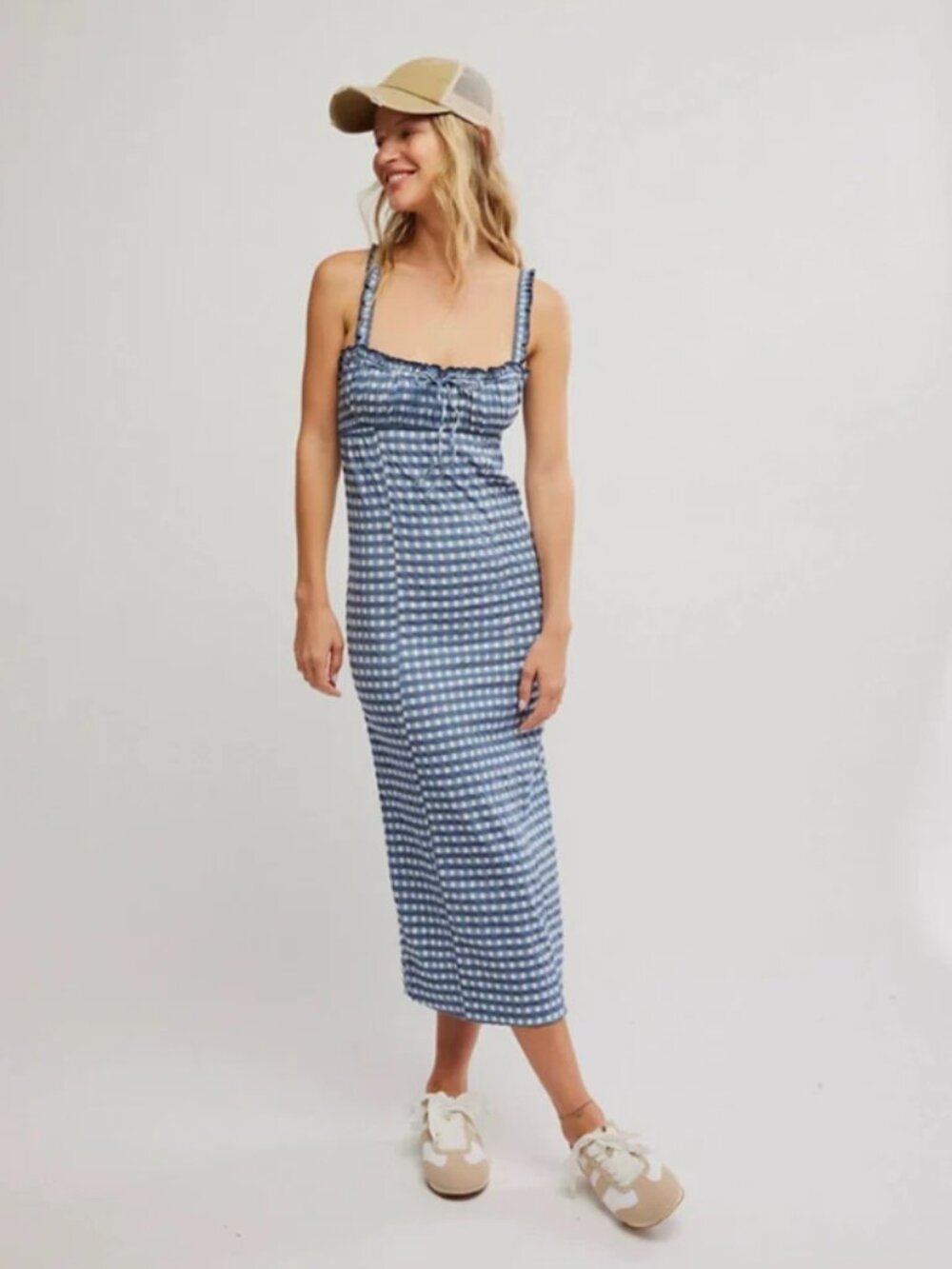 Free People Lucinda Plaid Midi Dress Square Neck Fitted Ruffle L - Picture 3 of 3